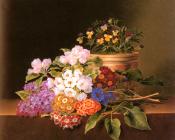 约翰 劳伦茨 延森 : Apple Blossoms, Lilac, Violas, Cornflowers and Primroses on